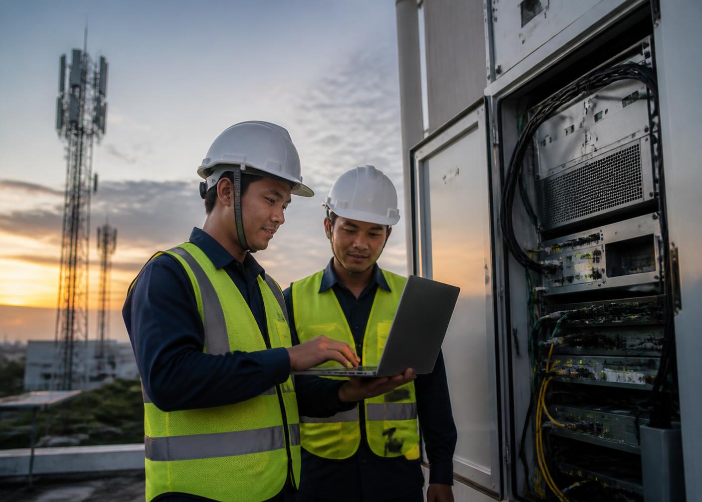Field engineers checking network equipment
